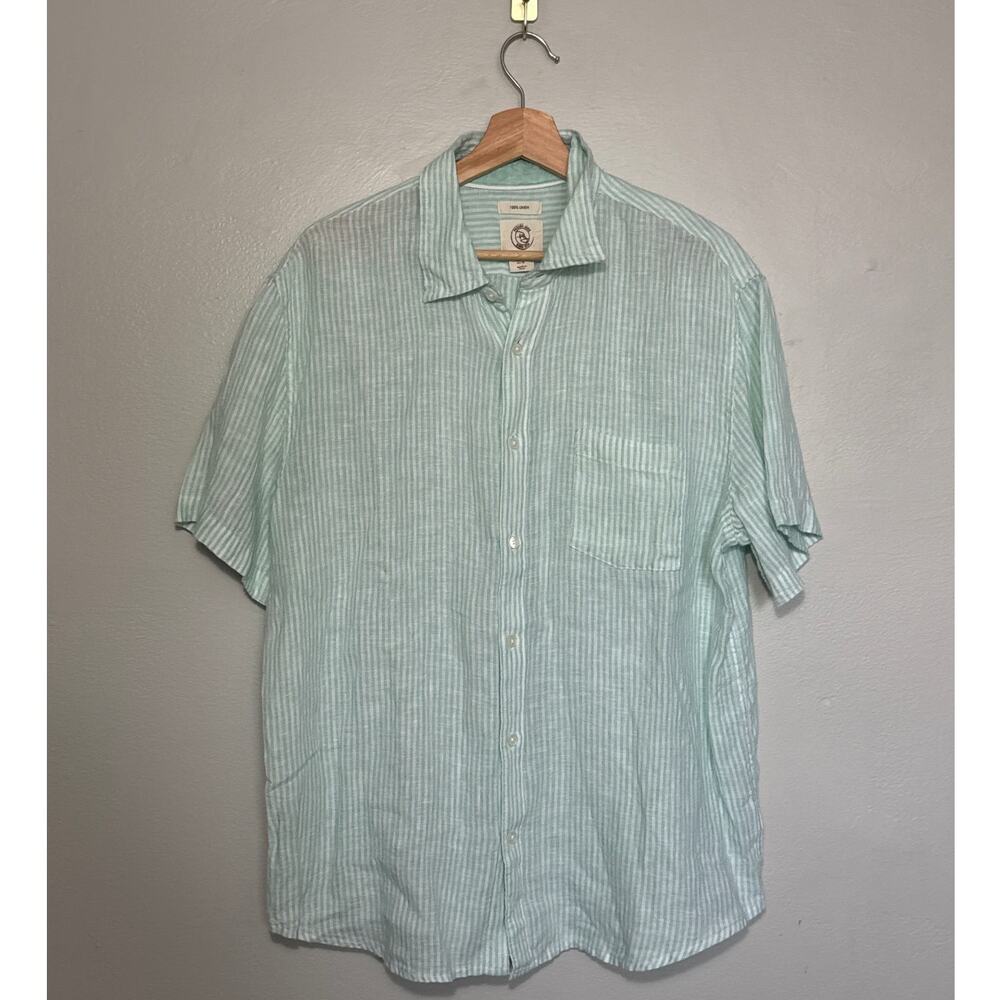 Men's XL Vintage Panama Jack Mint Green Striped Pocket Polo Shirt 100% Linen